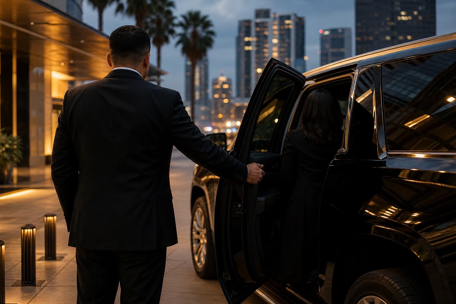 Professional chauffeur opening door to luxury SUV