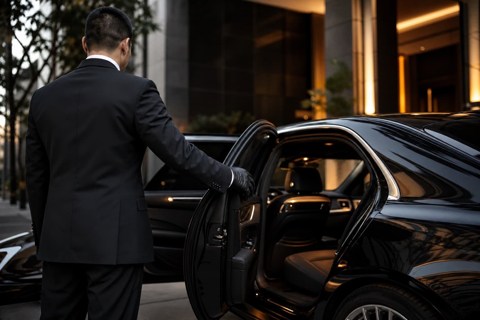 Executive chauffeur service opening car door
